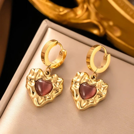 Gold Textured Heart Drop Earrings