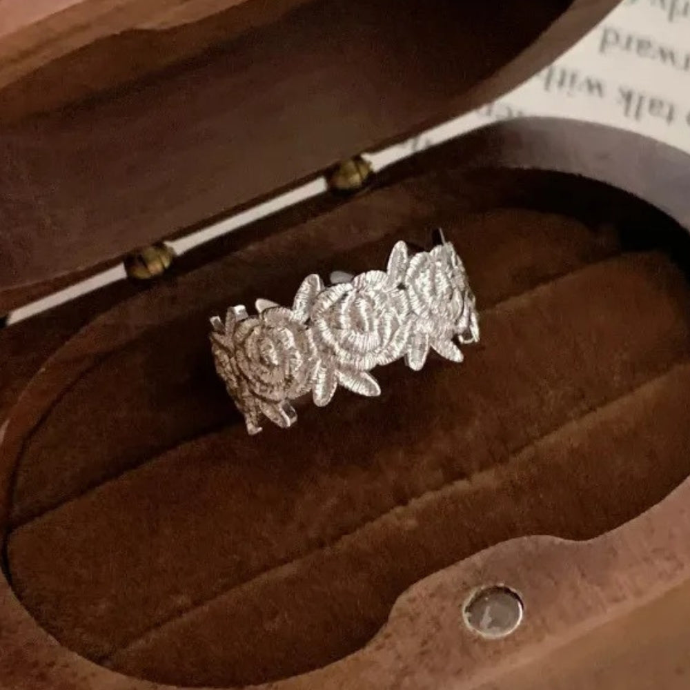 Classic Silver Rose Pattern Band Adjustable Ring