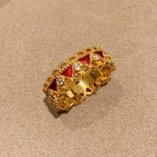 Vintage Gold Red Drip Glaze Crown Adjustable Ring