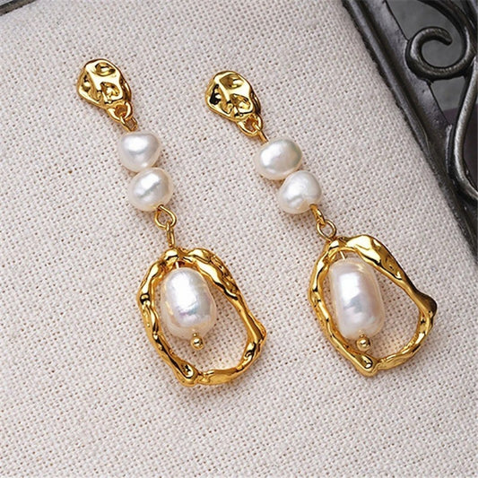 Gold & Pearl Oval-Shaped Drop Earrings