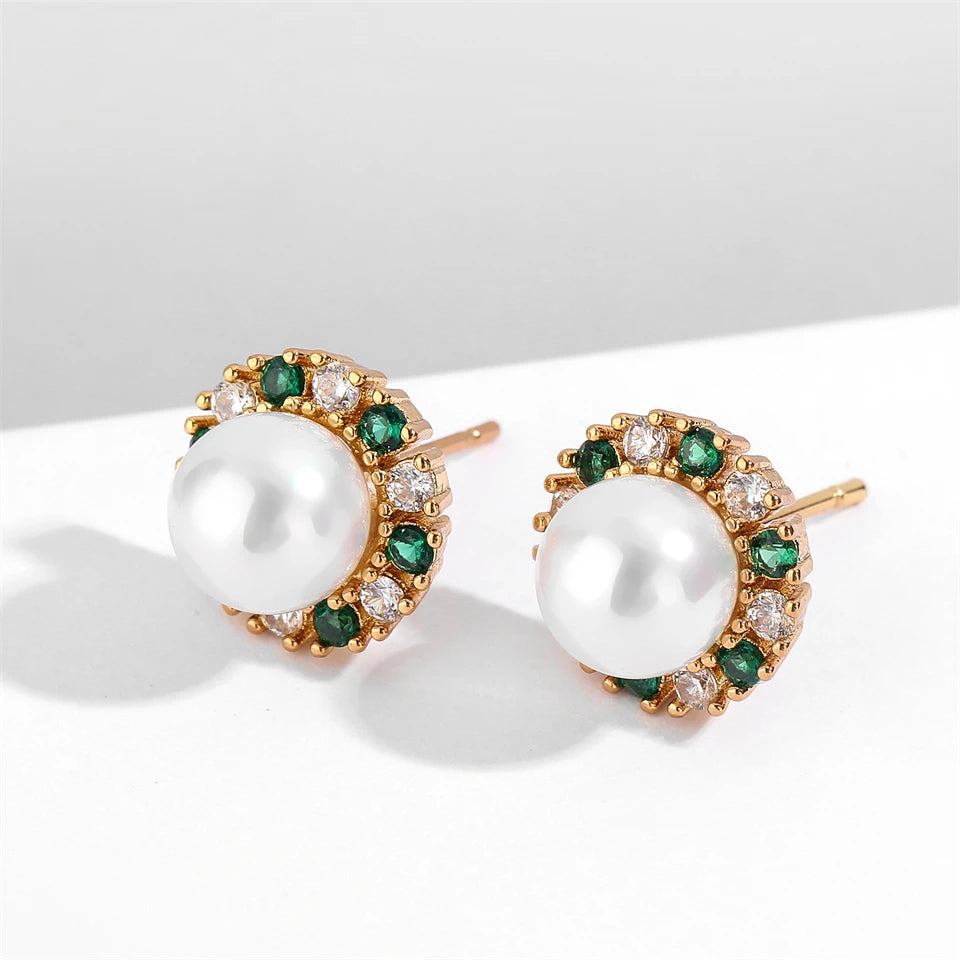Vintage Green & White Pearl Stud Earrings