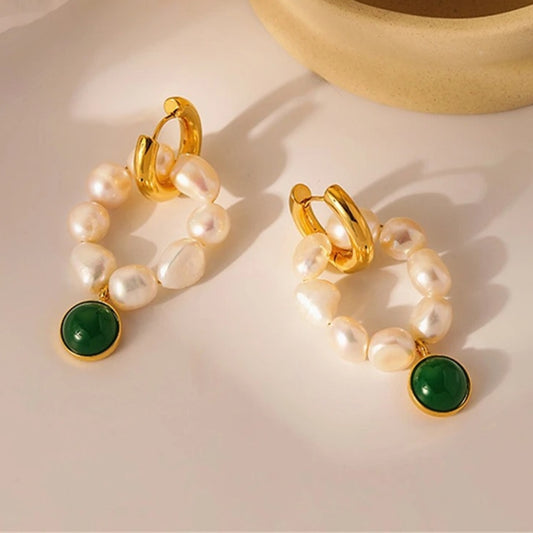 Gold Freshwater Pearl & Green Stone Hoop Earrings | Sustainable Ocean-Inspired Jewelry