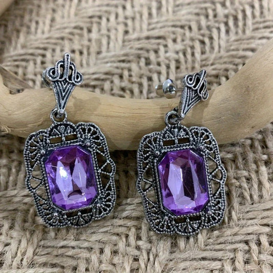 Ornate Silver Purple Crystal Statement Earrings