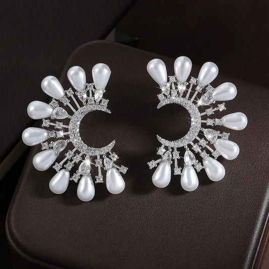 Vintage Moon & Pearl Silver Earrings