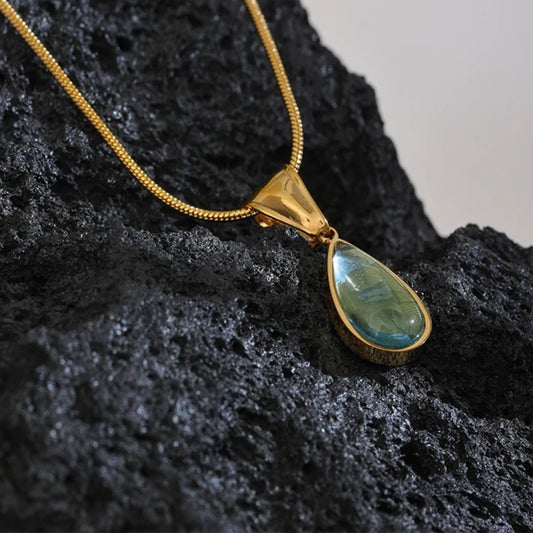 Vintage Green Glass Crystal Water Drop Pendant Necklace | Sustainable Ocean-Inspired Jewelry