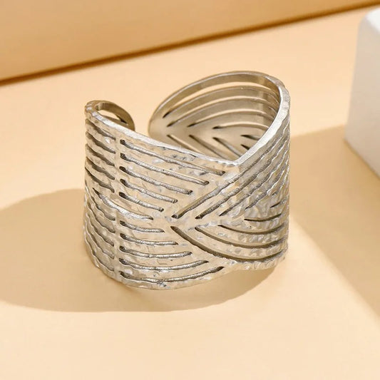 Wide Band Carved Silver Adjustable Ring
