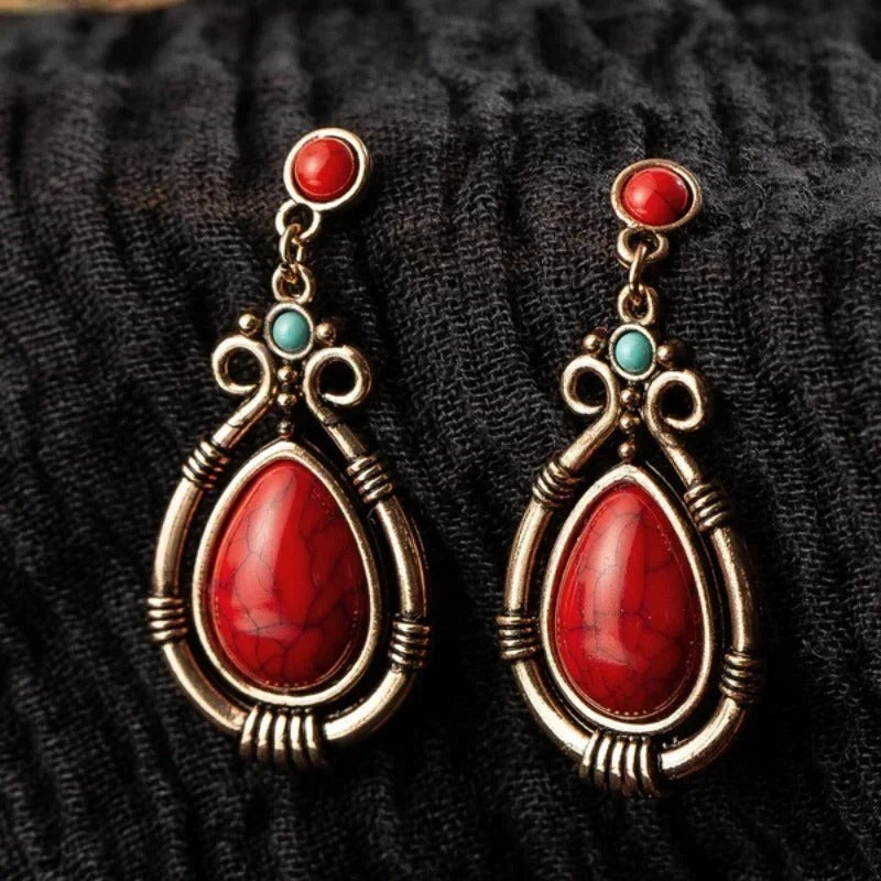 Handcrafted Vintage Red & Turquoise Drop Earrings
