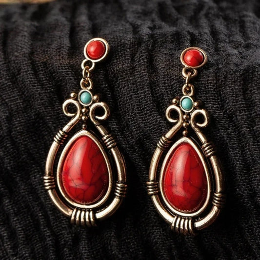 Handcrafted Vintage Red & Turquoise Drop Earrings