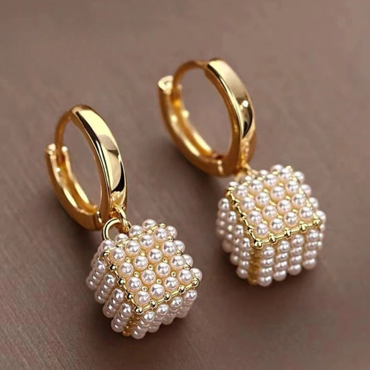 Vintage Gold & Pearl Cube Earrings