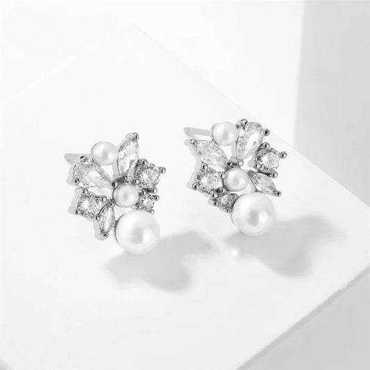 Silver Floral Pearl Stud Earrings