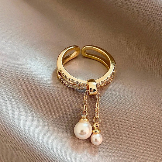 Vintage Pearl Tassel Gold Adjustable Ring