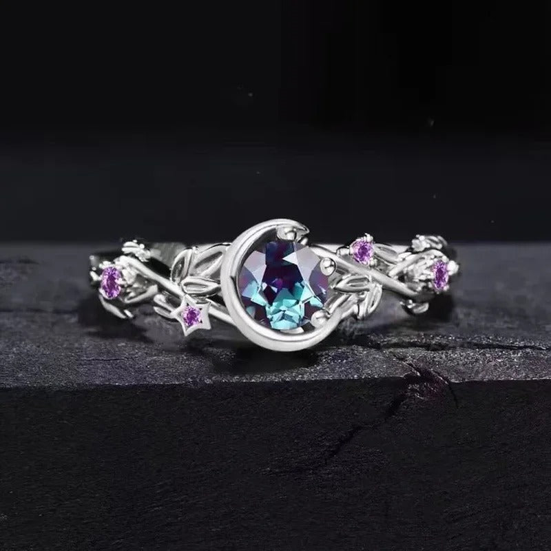 Vintage Silver Moon & Star Gemstone Ring