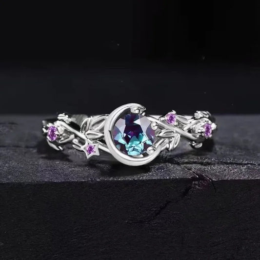 Vintage Silver Moon & Star Gemstone Ring