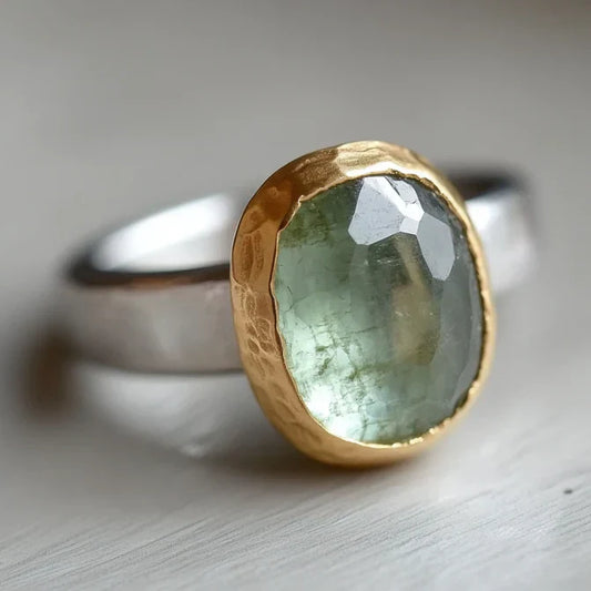 Vintage Green Stone Gold & Silver Forged Ring